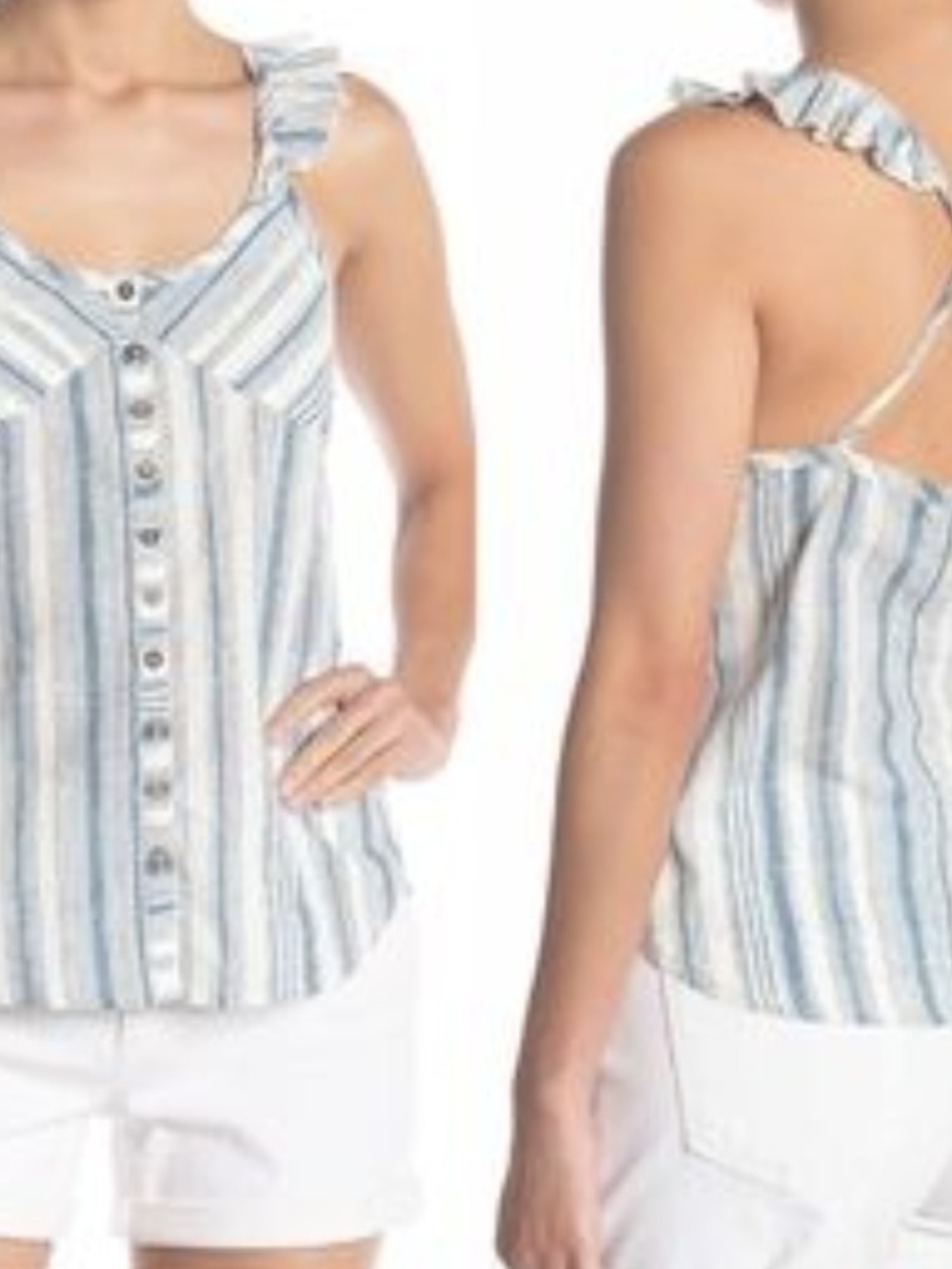 Chaser Blue & White Striped Ruffle-Strap Button Front Cami/Cotton Lined Blend